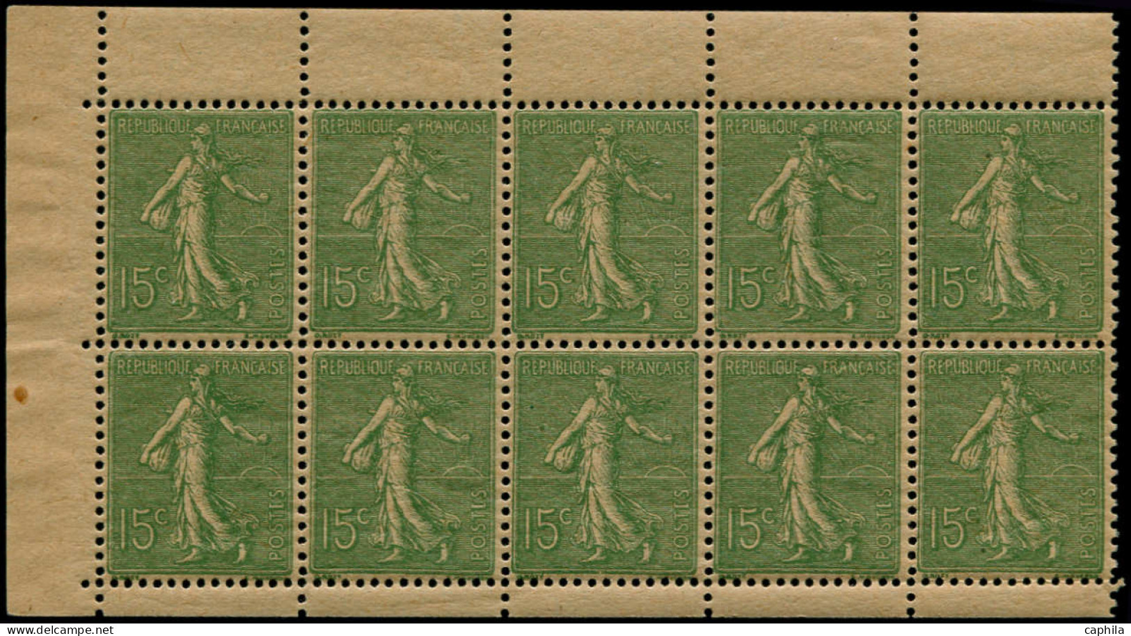 ** FRANCE - Poste - 130l, Feuillet De 10, Type V De Carnet, Papier GC: 15c. Semeuse Lignée Vert - Unused Stamps