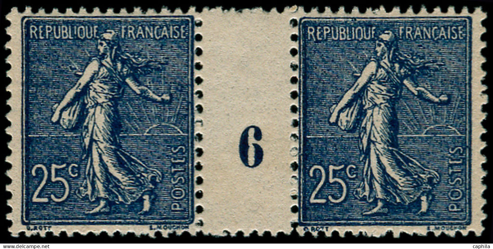 ** FRANCE - Poste - 132b, Paire Millésime "6", Signée: 25c. Semeuse Lignée Bleu-noir - Unused Stamps