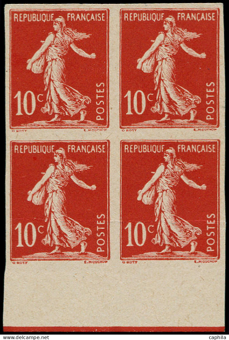 (*) FRANCE - Poste - 134b, Bloc De 4, Type I, Non Dentelé, Bdf, Signé Brun (2 Exemplaires Pli Horizontal): 10c. Semeuse  - Unused Stamps