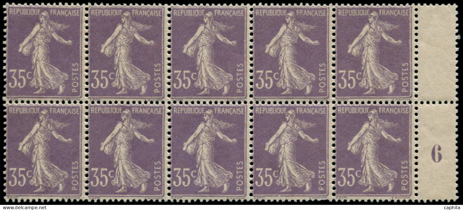 ** FRANCE - Poste - 136, Exceptionnel Bloc De 10, Millésime "6" à Droite: 35c. Violet Semeuse Maigre - Superbe - Unused Stamps