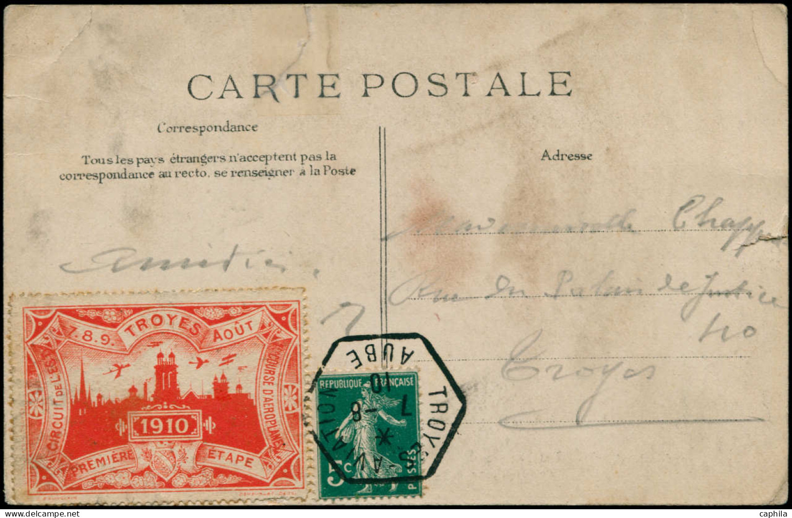 LET FRANCE - Poste - 137, Sur Cp "Troyes Circuit De L'Est" (coupure), Cad Hexagonal "Troyes Aviation 7/8/10" + Vignette  - 1877-1920: Période Semi Moderne