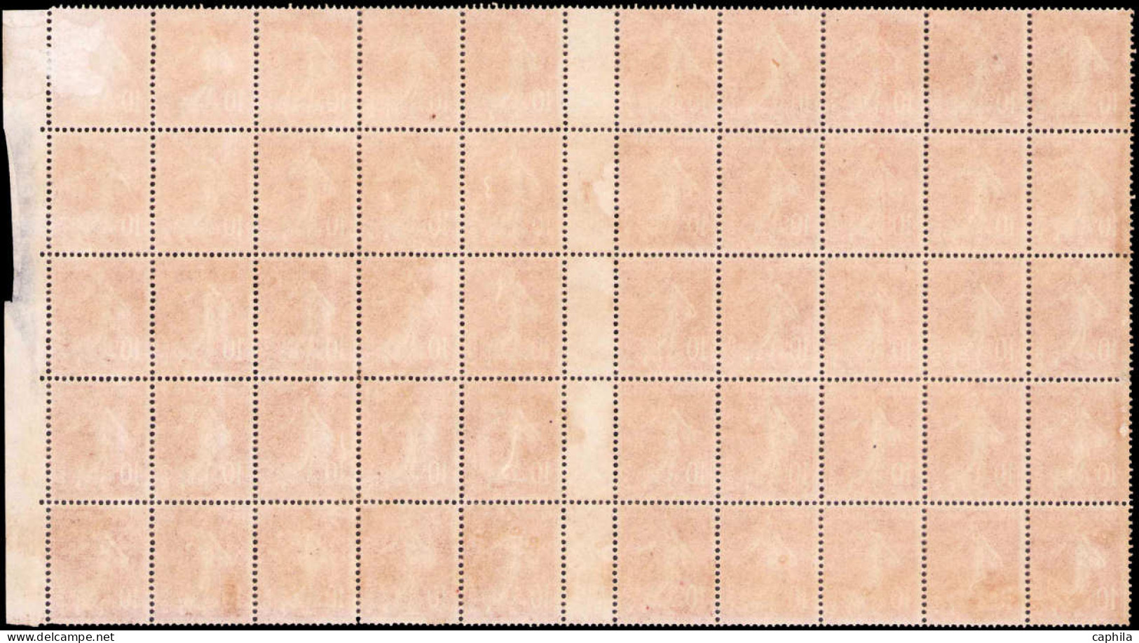 * FRANCE - Poste - 138, Bloc De 50, Millésime "7", Erreur, Gommé Des 2 Cotés Des Timbres: 10c. Semeuse Rouge - Neufs