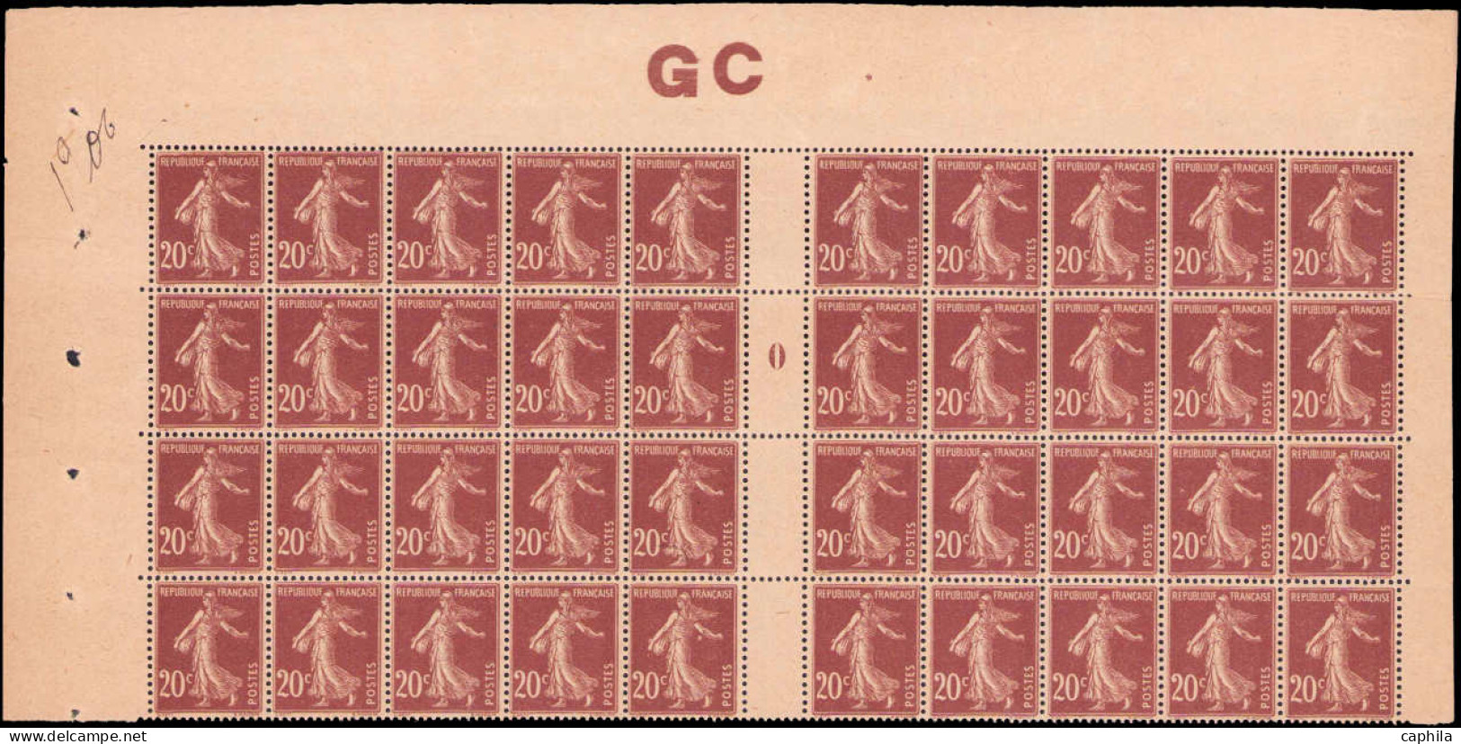 ** FRANCE - Poste - 139, Bloc De 40, Millésime "0", Manchette GC Chamois: 20c. Semeuse Brun - Neufs