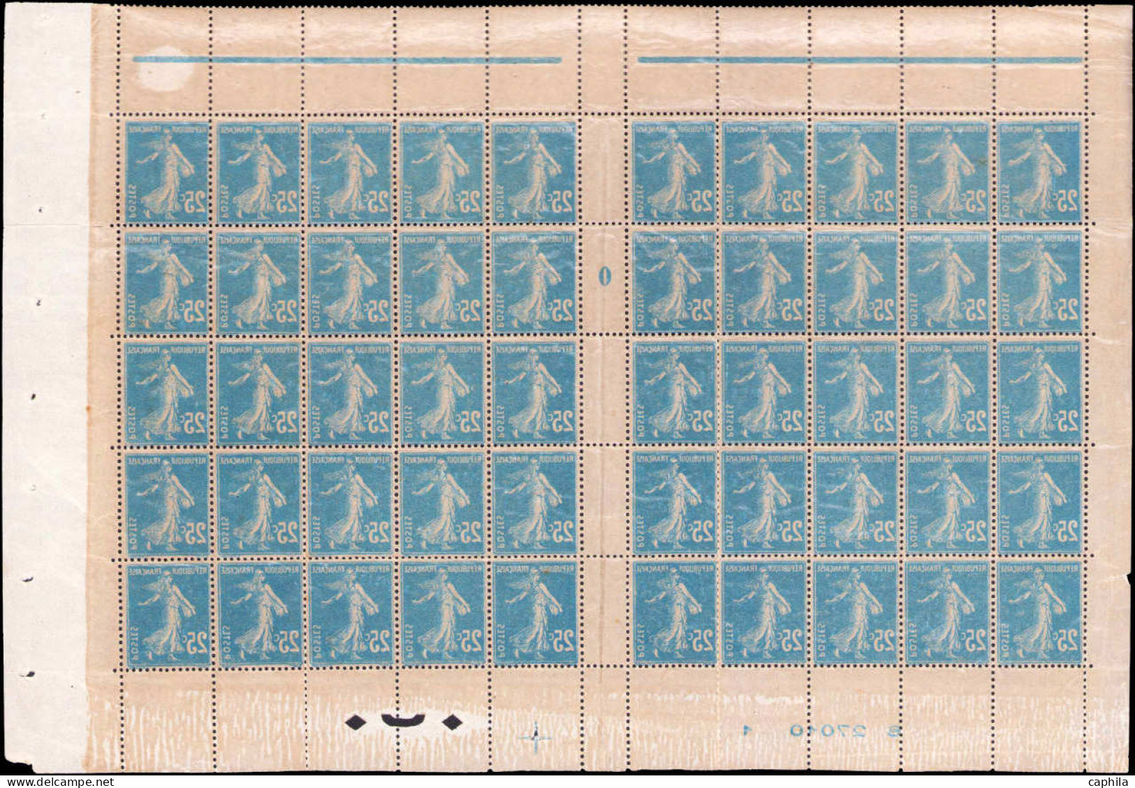 ** FRANCE - Poste - 140, Feuille De 50, Millésime "0", Impression Recto-verso: 25c. Semeuse Bleu - Unused Stamps