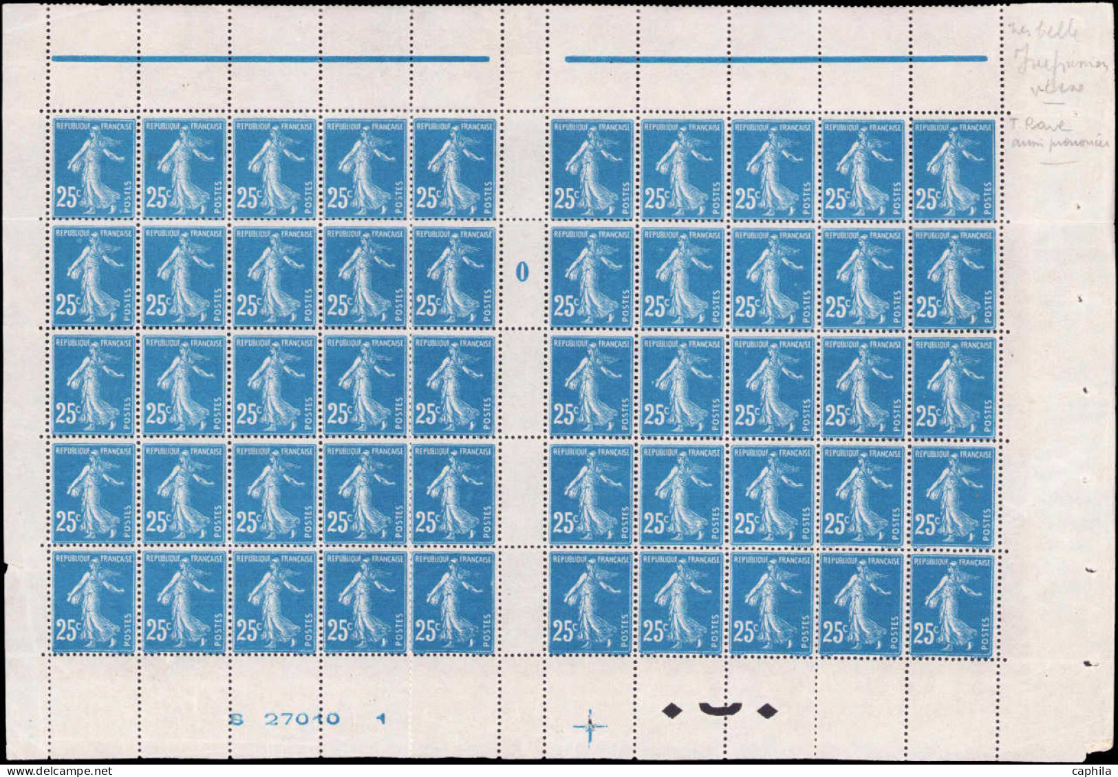 ** FRANCE - Poste - 140, Feuille De 50, Millésime "0", Impression Recto-verso: 25c. Semeuse Bleu - Unused Stamps