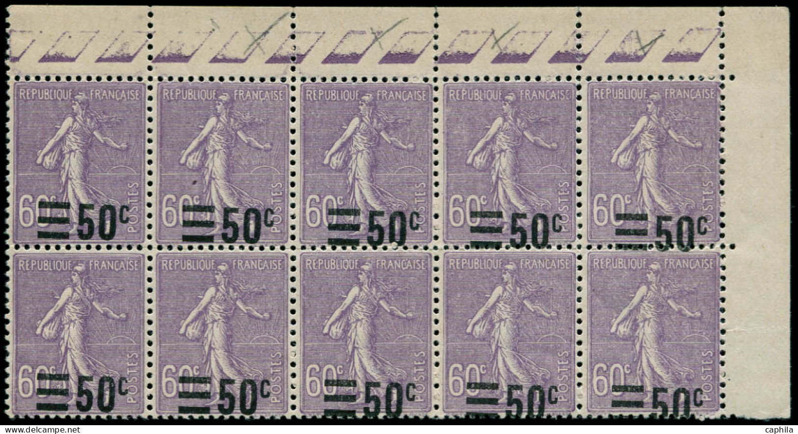 ** FRANCE - Poste - 223, Bloc De 10, Surcharge Très Déplacée Dont 2 Exemplaires à Cheval: 50c. S. 60c. Semeuse Lignée - Unused Stamps