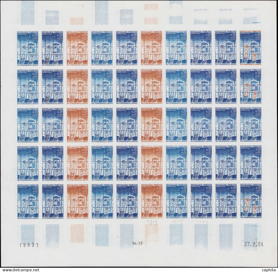 ** FRANCE - Essais De Couleurs - 1407, Feuille Complète De 50 Essais De Couleurs Dont 5 Polychromes, Cd 27/2/64: Libérat - Altri & Non Classificati