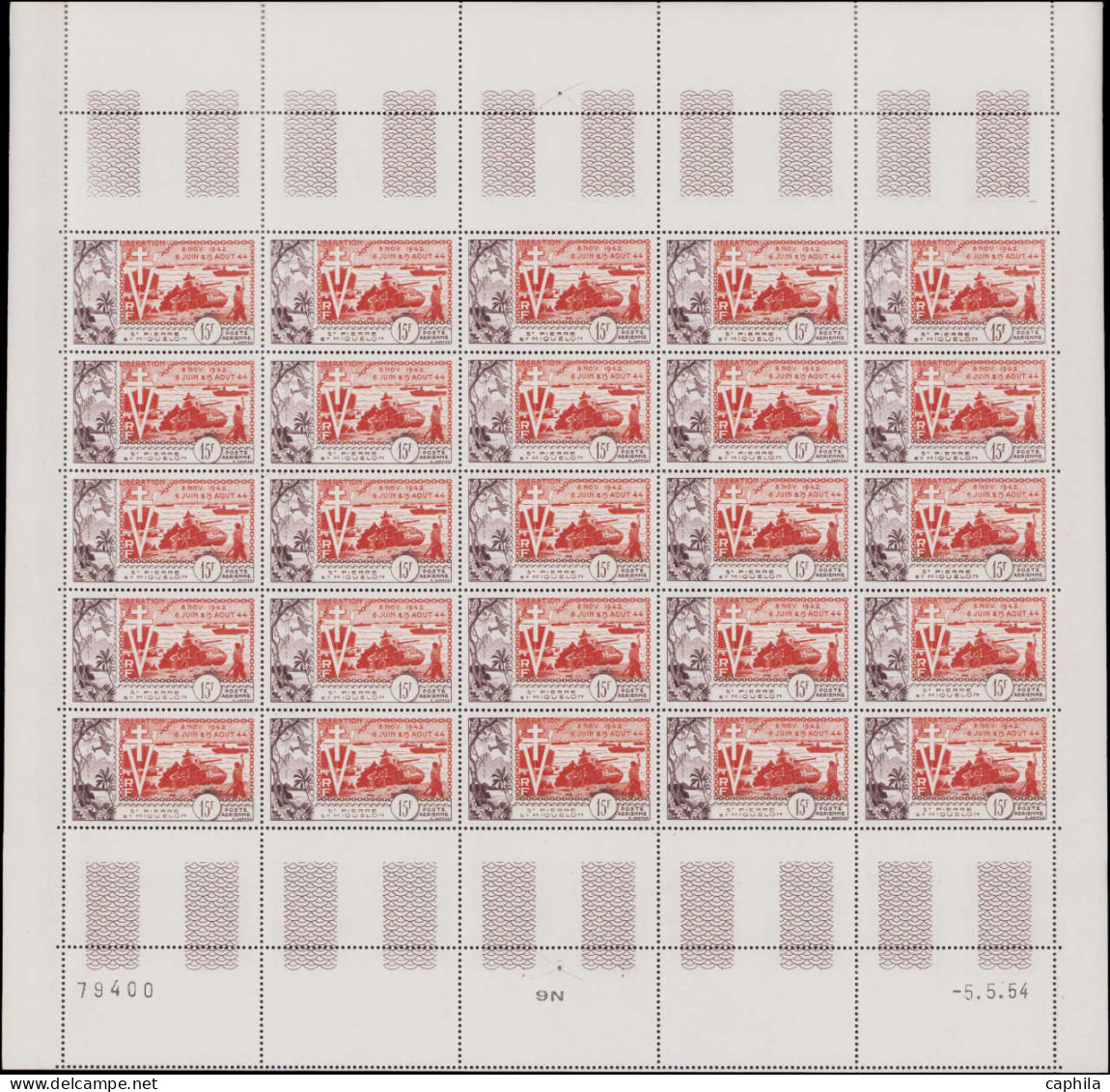 ** COLONIES SERIES - Poste Aérienne - 1954, 10ème anniversaire de la Libération, 12 feuilles complètes de 25 exemplaires