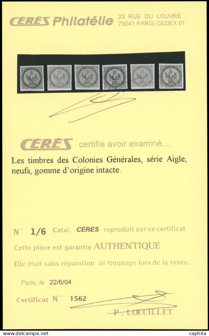 ** COLONIES GENERALES - Poste - 1/6, Complet, Certificat Cérès: Aigle Impérial - Eagle And Crown