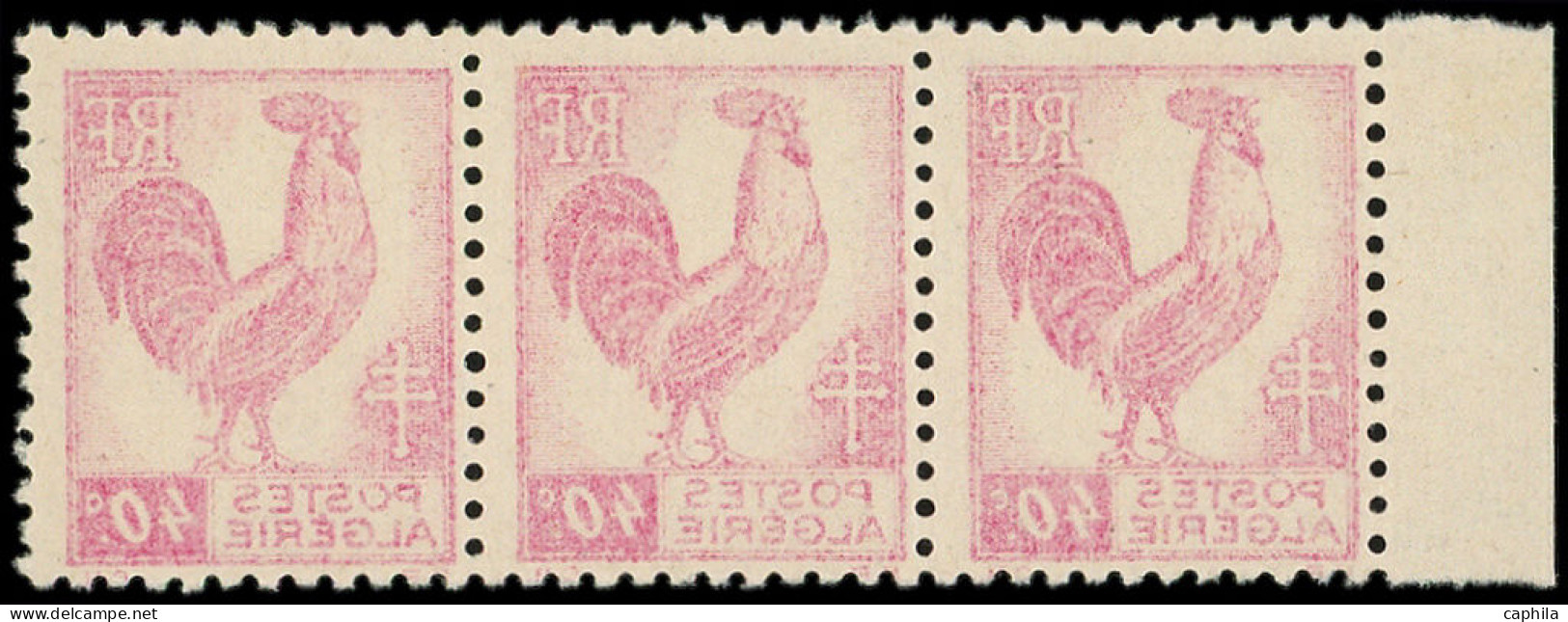 ** ALGERIE - Poste - 218, Bande De 3, Impression Recto-verso: 40c. Rose-carmin - Unused Stamps
