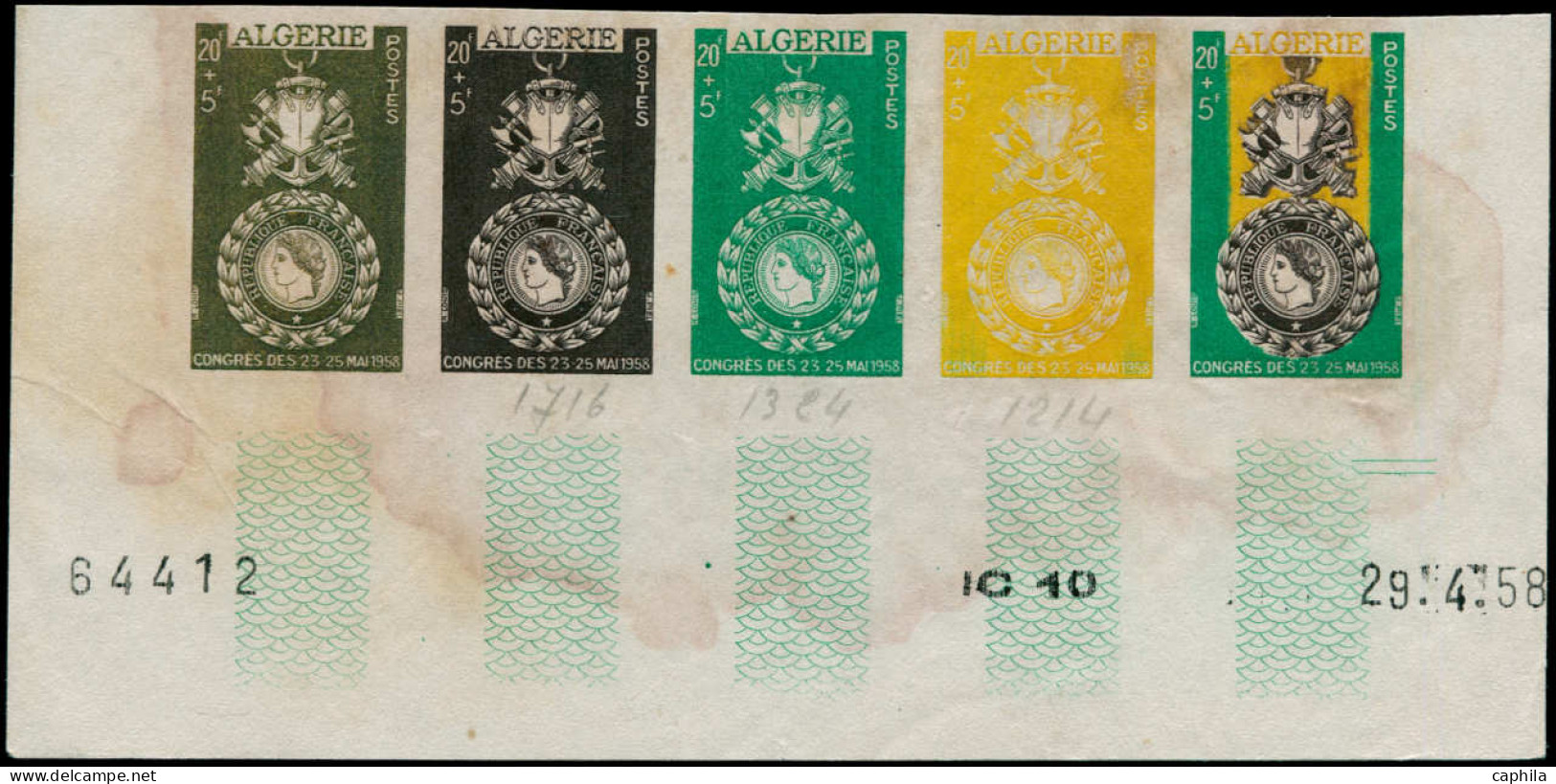 (*) ALGERIE - Poste - Maury 363A, Non émis (légende Et Faciale Non émise, 1958), Bande De 5 Essais De Couleurs Différent - Other & Unclassified