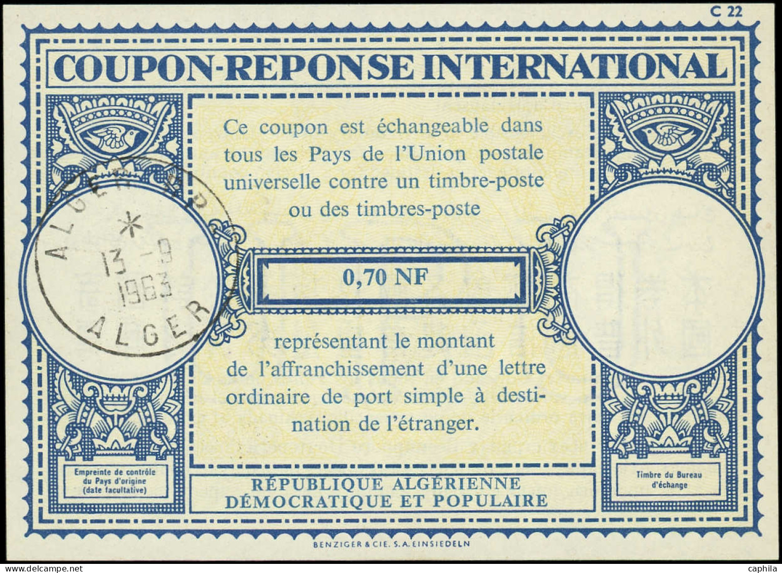 O ALGERIE - Coupons Réponse - 21, Coupon 0.70nf. Algérienne Démocratique Et Populaire - Other & Unclassified