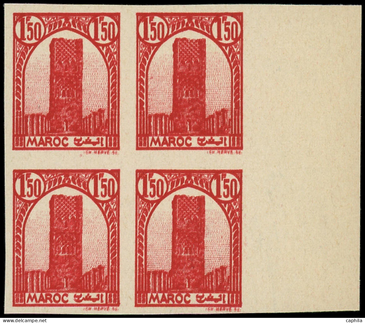 ** MAROC - Poste - 213b, Bloc De 4 Non Dentelé, Double Impression: 1.50f. Tour Hassan Rouge - Other & Unclassified