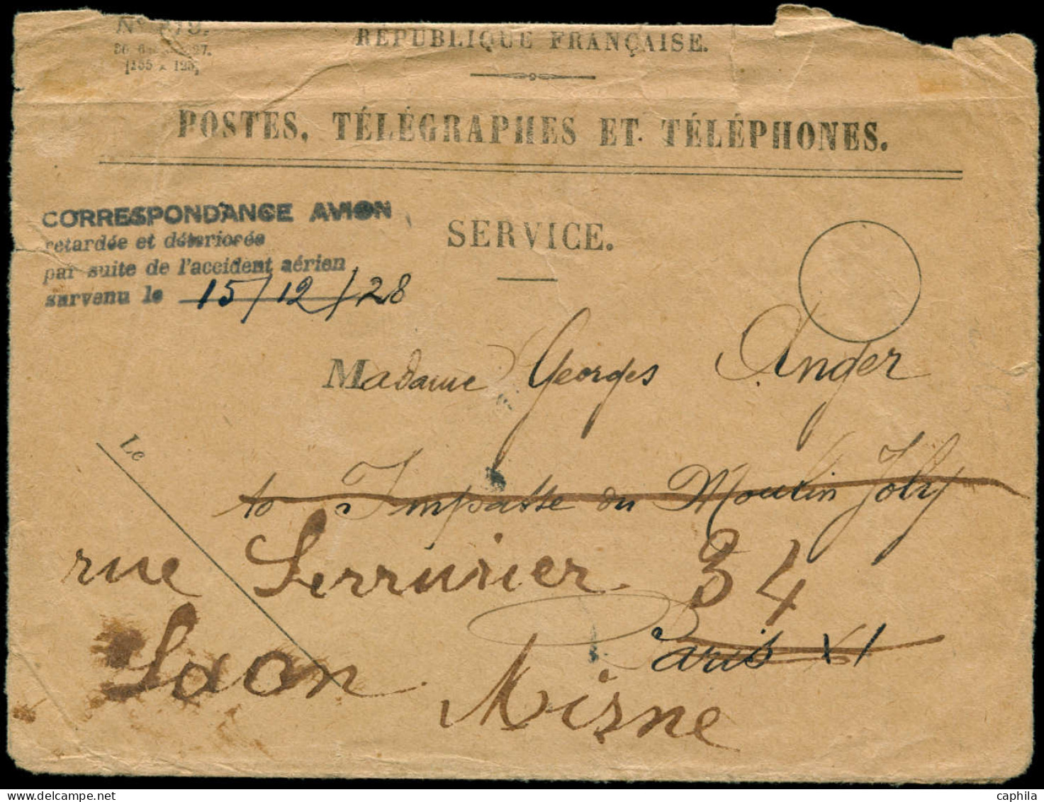 LET MAROC - 1° Vols - 15/12/28, Casa-Toulouse, Accident De Magrat, Enveloppe Cachet Composteur Violet 4 Lignes Accident  - Altri & Non Classificati