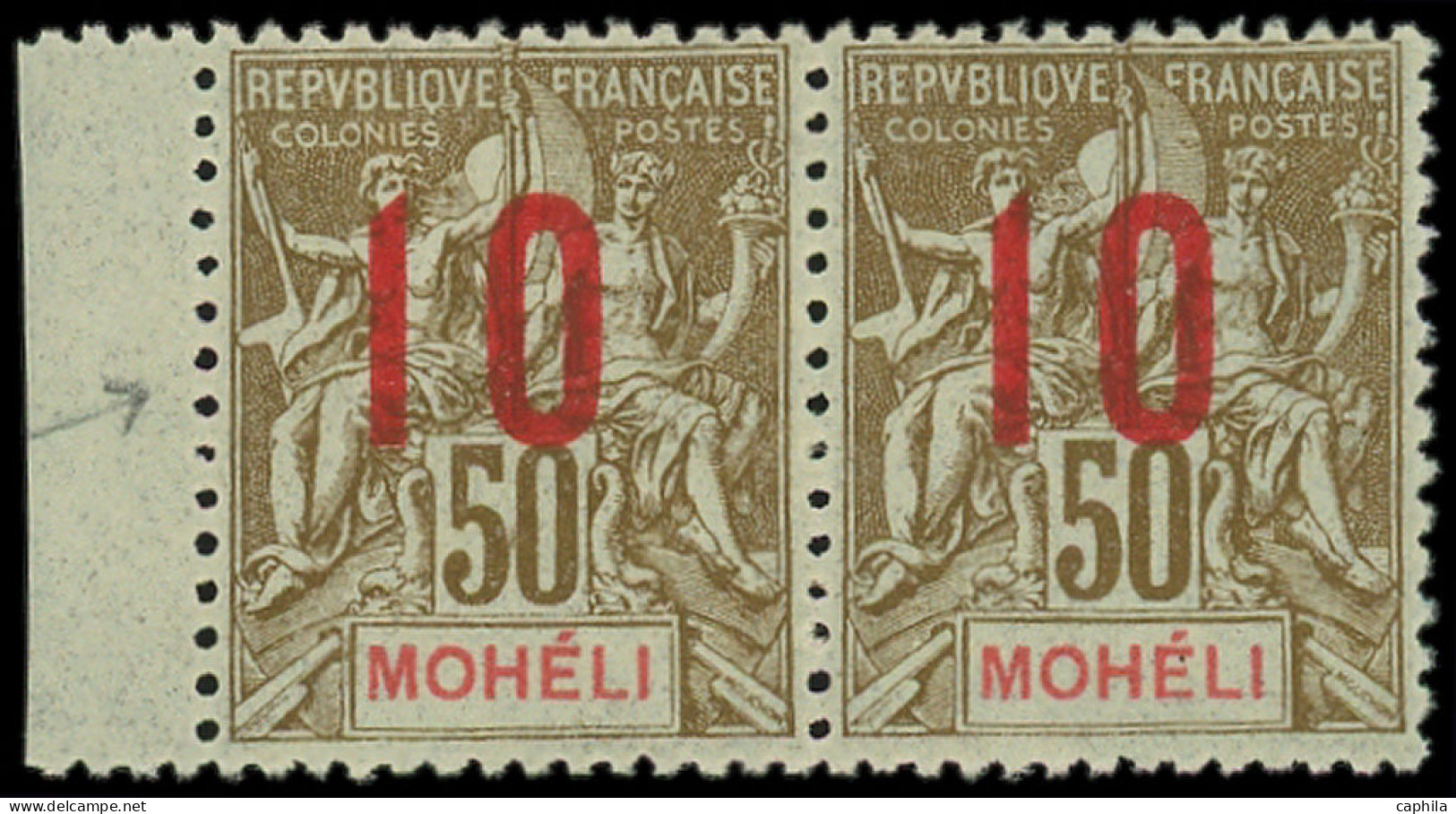 ** MOHELI - Poste - 22Aa, Paire Chiffres Espacés Tenant à Normal, Signée Calves: 10 Sur 50c. Bistre Sur Azuré - Unused Stamps