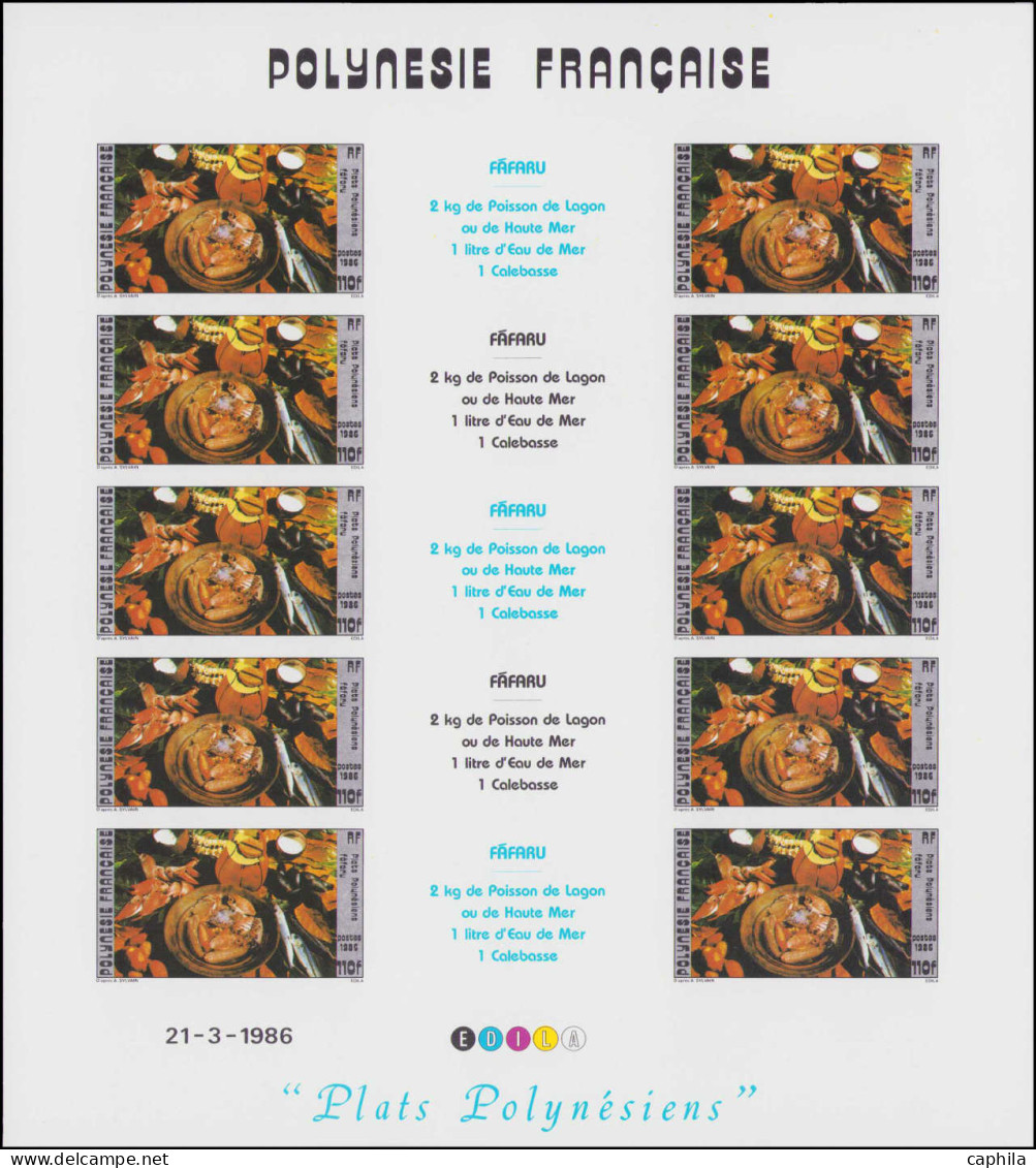 ** POLYNESIE - Poste - 261/62, 2 Feuillets De 10 Non Dentelés Avec Vignettes, Cd 21/3/86: Plats Polynésiens (Maury) - Other & Unclassified