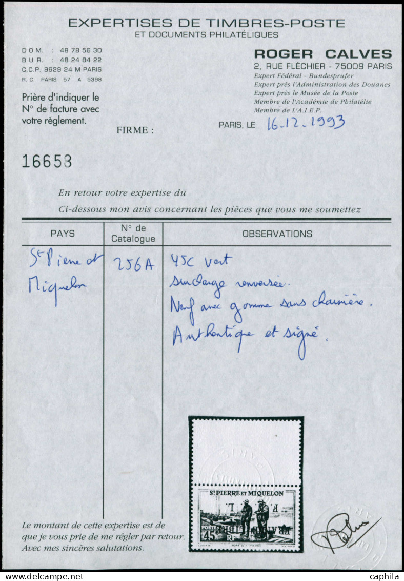(*) SAINT PIERRE & MIQUELON - Poste - 256a, Surcharge Renversée, Signé + Certificat Calves, (Bdf Collé Au Dos): 45c. Ver - Unused Stamps