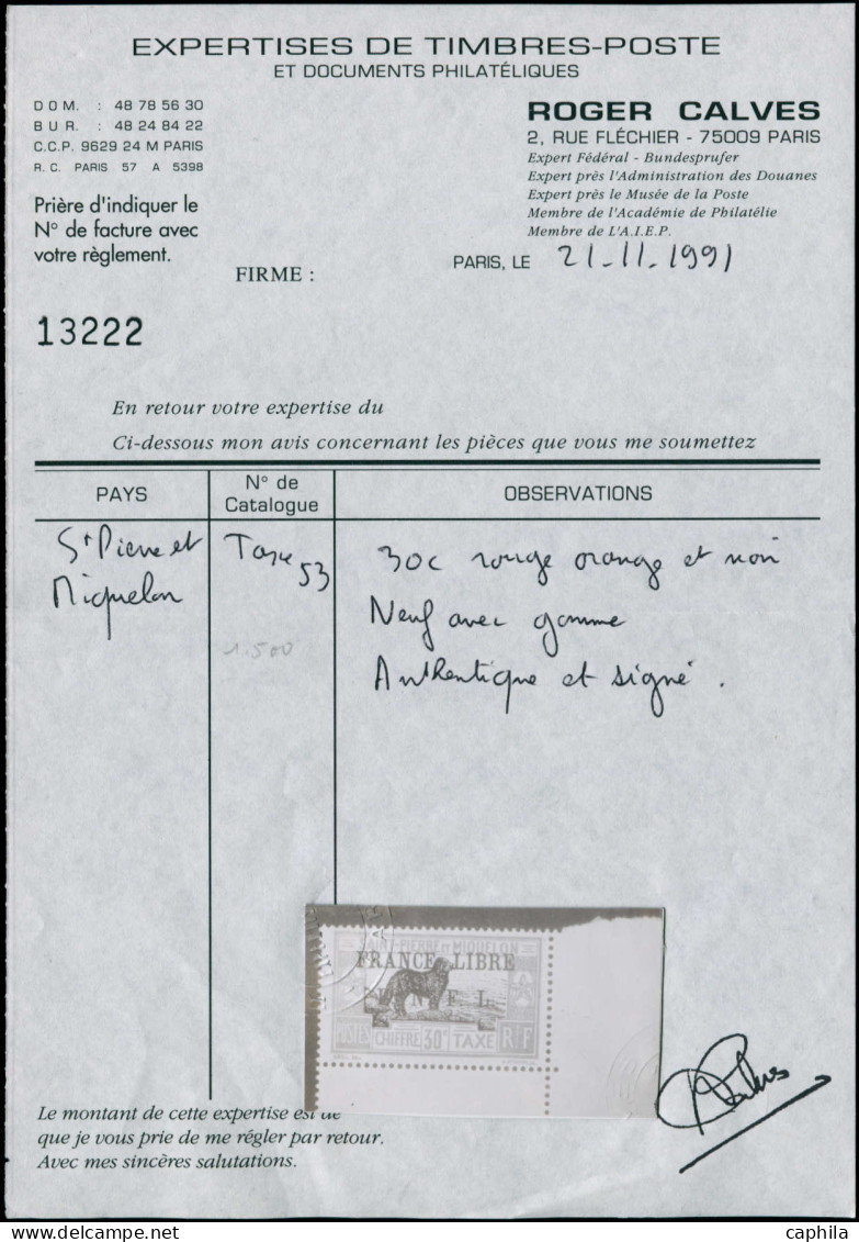 (*) SAINT PIERRE & MIQUELON - Taxe - 53, Signé + Certificat Calves, (Bdf Collé Au Dos): 30c. Rouge-orange Et Noir, Chien - Postage Due