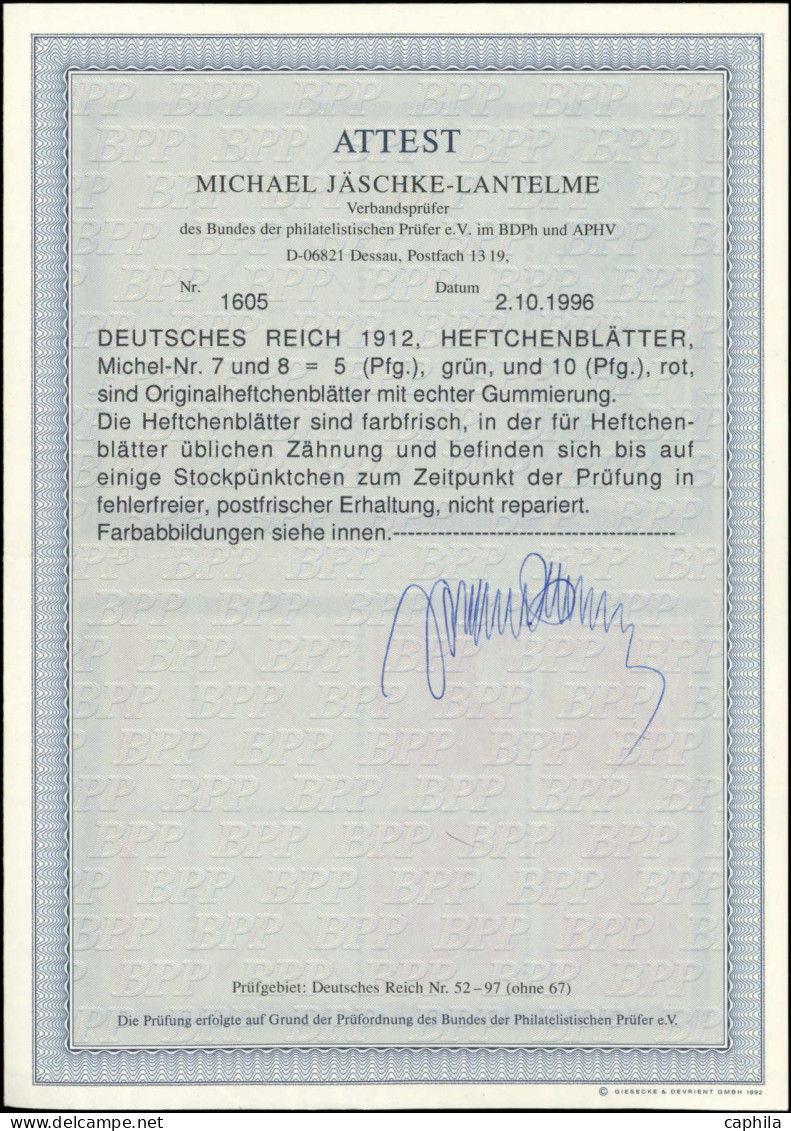 * ALLEMAGNE EMPIRE - Timbres De Carnets - HB7/8A, 2 Feuillets Complets, Certificat Jäschre (8 ** Avec Points De Rouille) - Autres & Non Classés