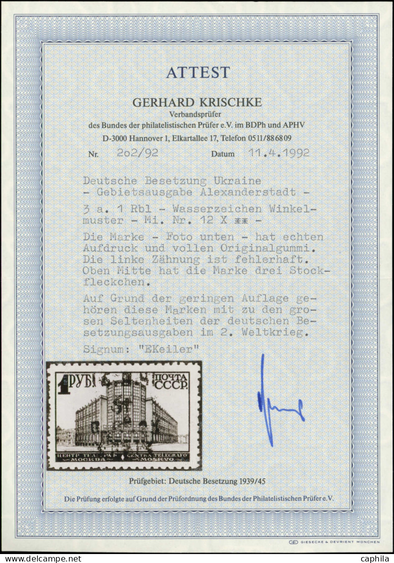 ** ALLEMAGNE 39/45 - UKRAINE ALEXANDERSTADT - Poste - Michel 12 IIIx, Certificat Krischke (légers Points De Rouille Sur  - Occupation 1938-45