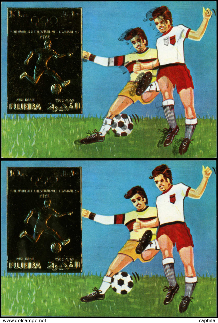 ** ARABIE SUD/E FUJEIRA - Blocs Feuillets - Michel 145, Couleur Noire Très Déplacée + Normal: J.O. 1972, Football - Fujeira