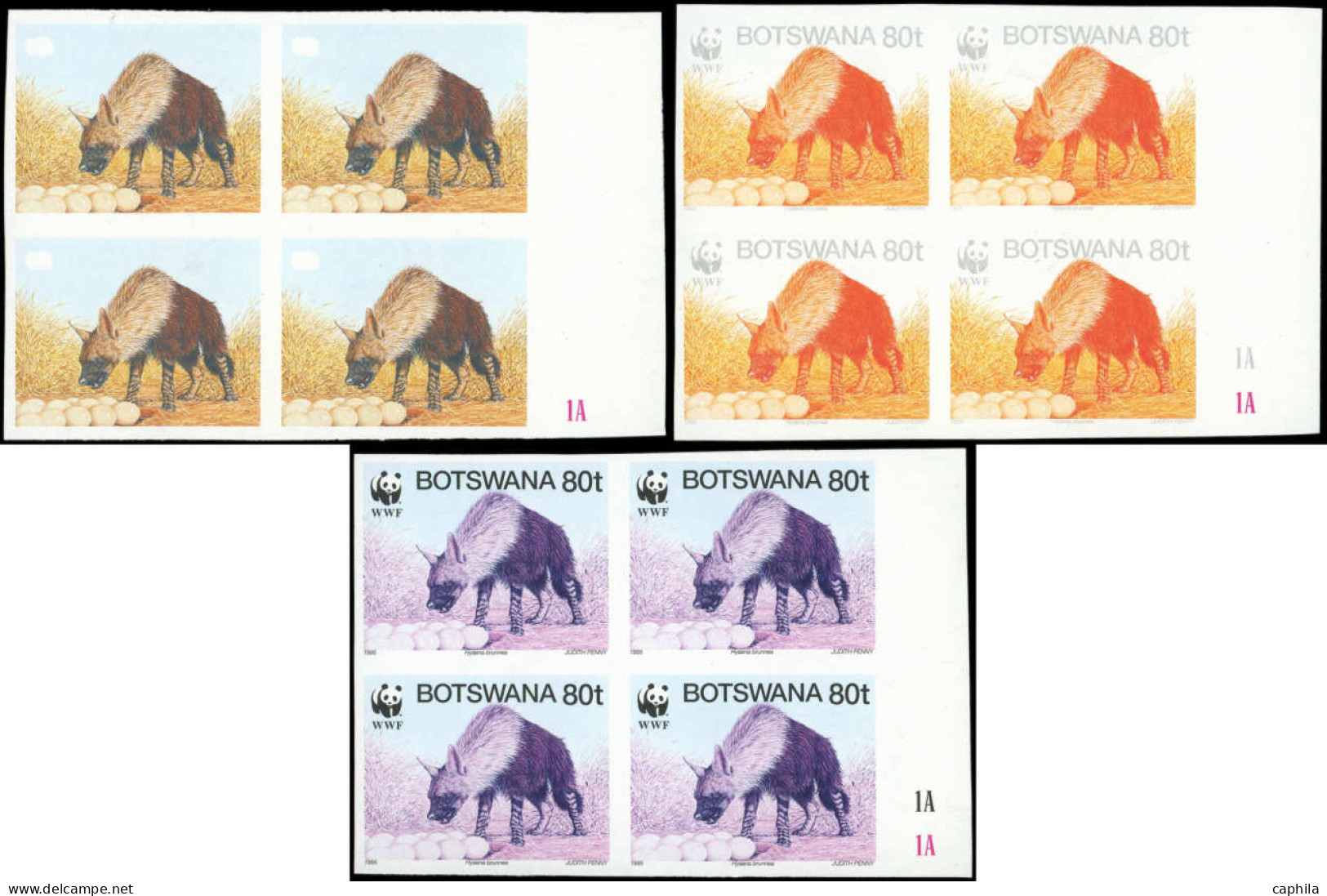 ** BOTSWANA - Poste - 739, 3 Blocs De 4 Essais De Couleur Non Dentelés: WWF, Hyène Brune - Bophuthatswana