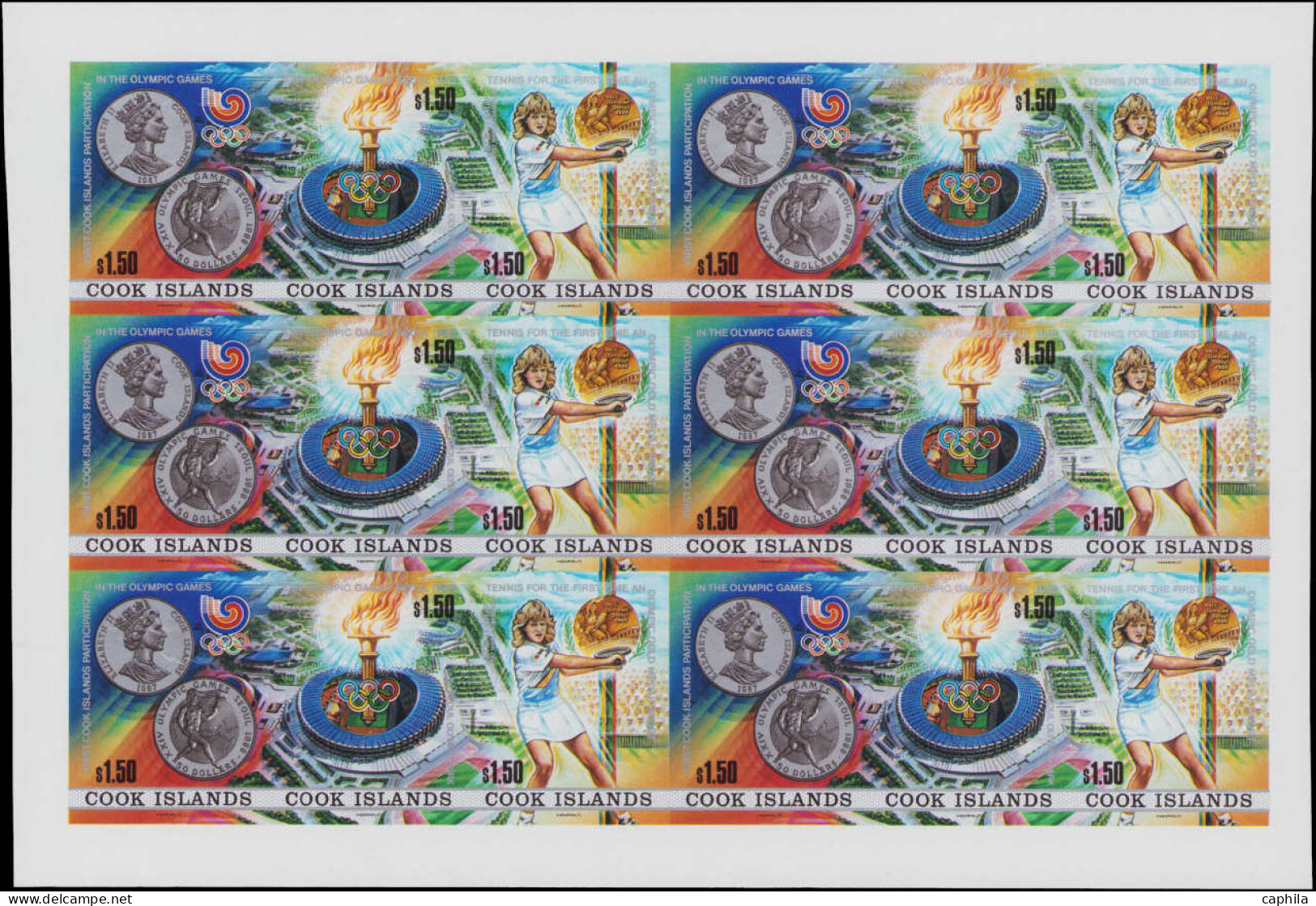 ** COOK - Poste - 976/78, Feuille Entière De 6 Triptyques Non Dentelés: Jeux Olympiques De Séoul 88, Tennis - Cook Islands