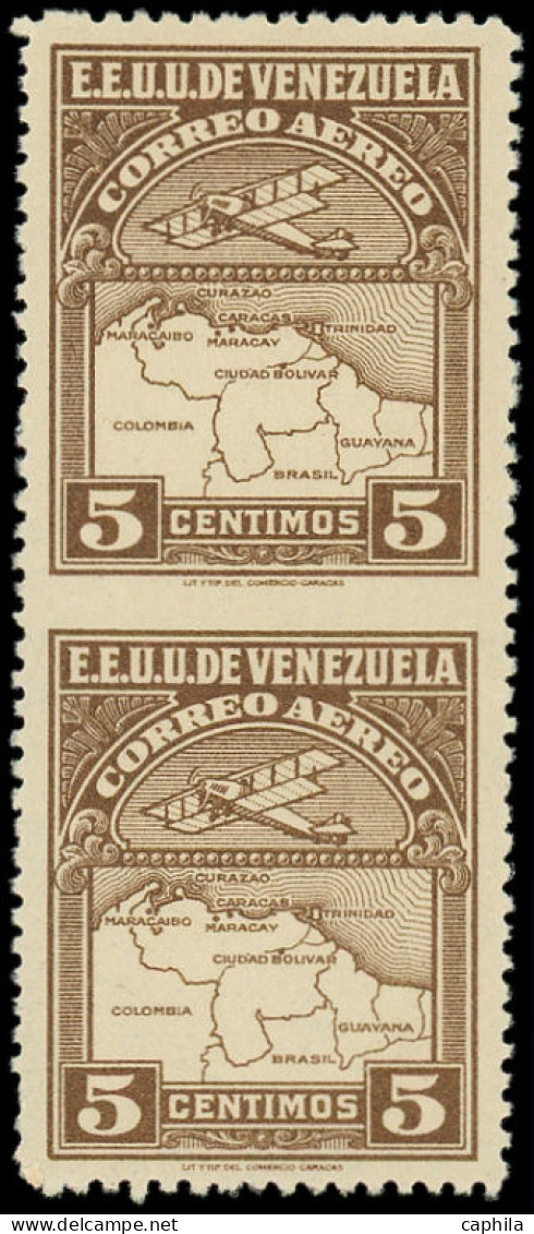 * VENEZUELA - Poste Aérienne - 1, Paire Verticale, Non Dentelée Entre, Signé Kessler (gomme Irrégulière): 5c. Brun - Venezuela