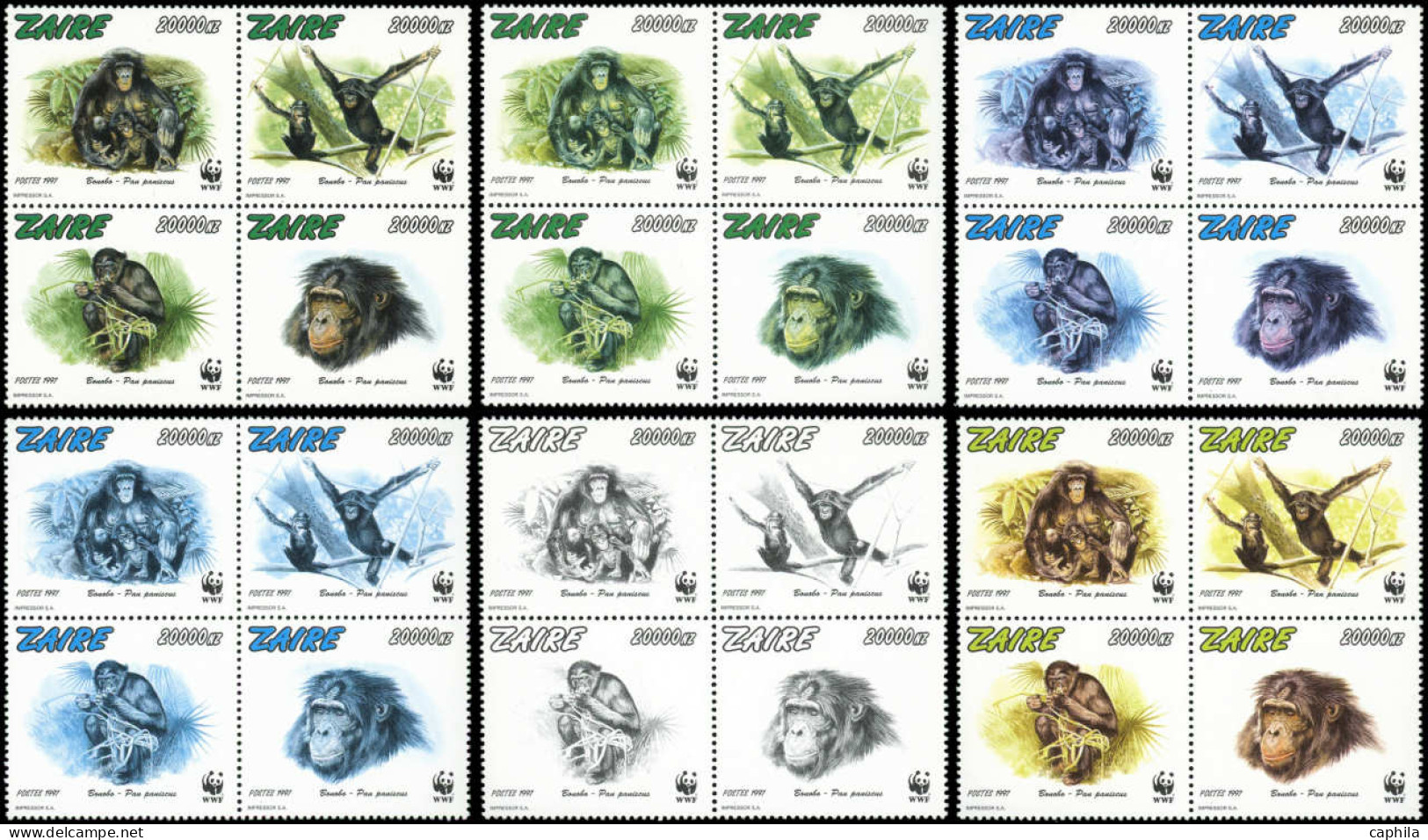 ** ZAIRE - Poste - 1487/90, 13 Blocs De 4 Essais De Couleur Dentelés Dont 7 Sans Faciale (+ Normal): WWF, Bonobo - Other & Unclassified