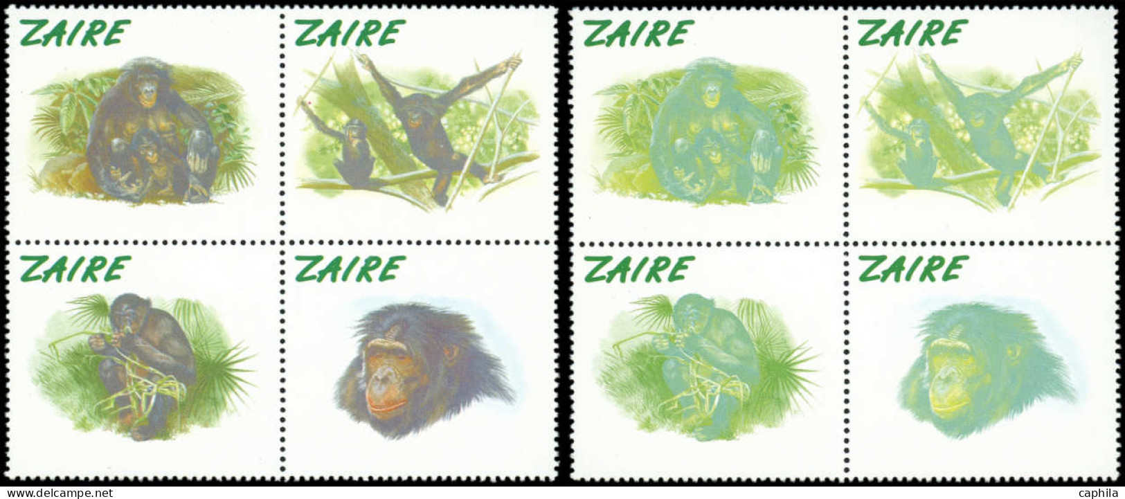 ** ZAIRE - Poste - 1487/90, 13 Blocs De 4 Essais De Couleur Dentelés Dont 7 Sans Faciale (+ Normal): WWF, Bonobo - Other & Unclassified