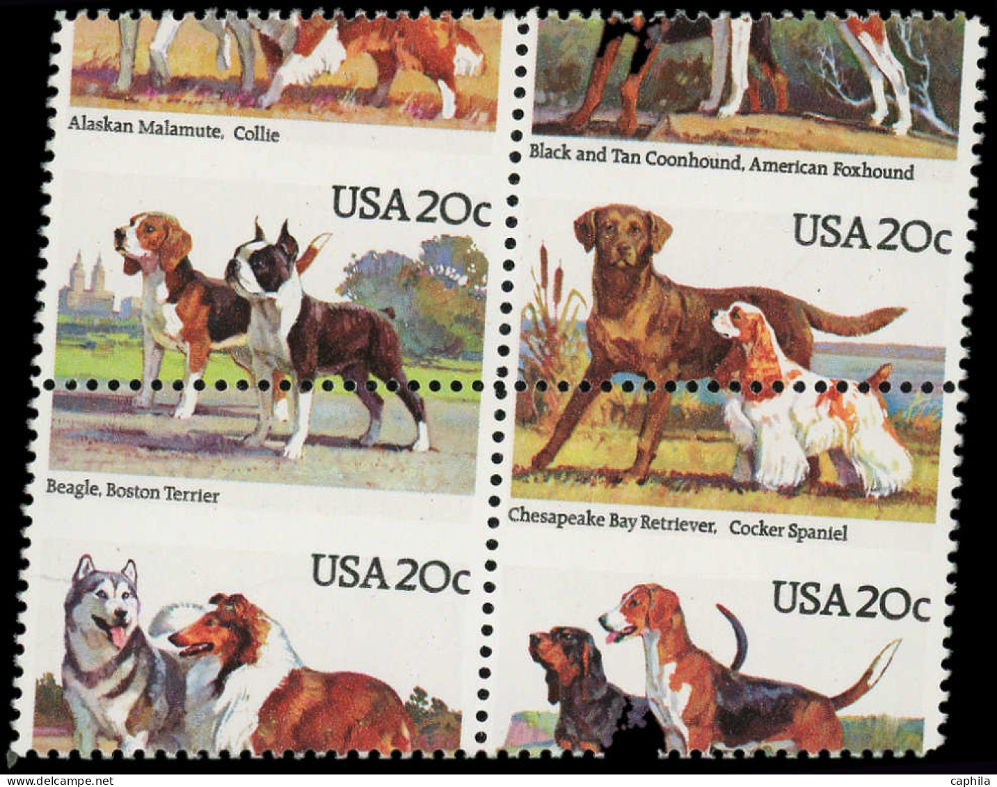 ** Chiens & Canidés - Poste - USA, Yvert 1546/49, Bloc De 4, Piquage Horizontal Au Milieu Des Timbres: 20c. Chiens - Dogs