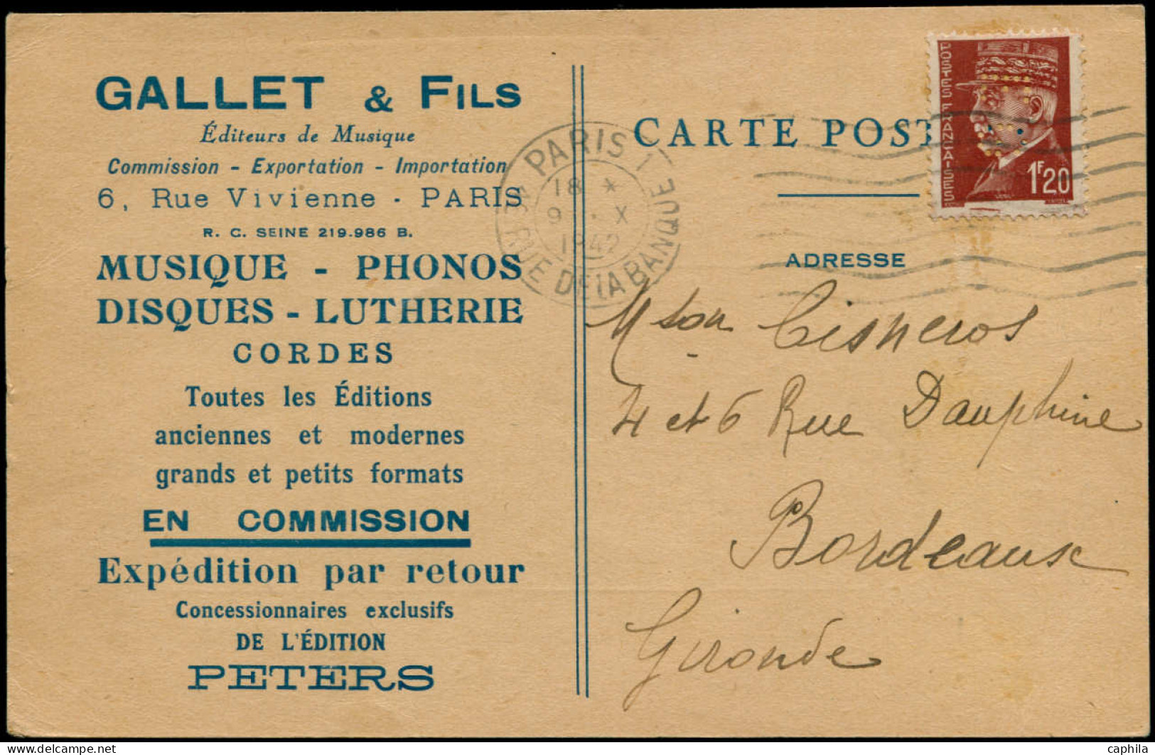 LET Musique - Poste - France, Pétain 1.20f. Brun Sur Carte Commerciale, Perforé "EG - Galet & Fils": Musique, Photo, Lut - Musique