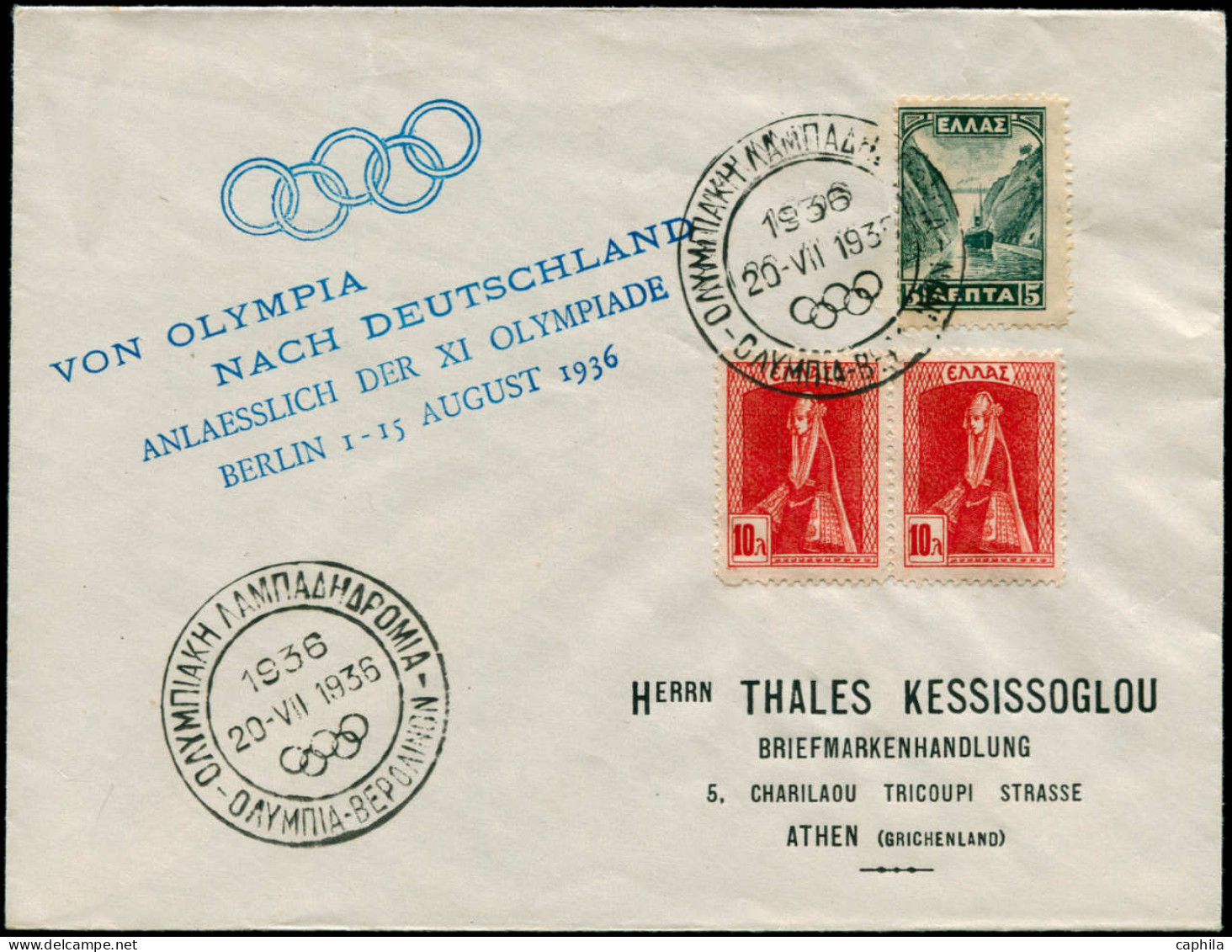 LET Jeux Olympiques - Poste - Grèce, Enveloppe 20/7/36 "Flamme Olympique" + Griffe Bleue "Von Olympia Nach Deutschland" - Autres & Non Classés