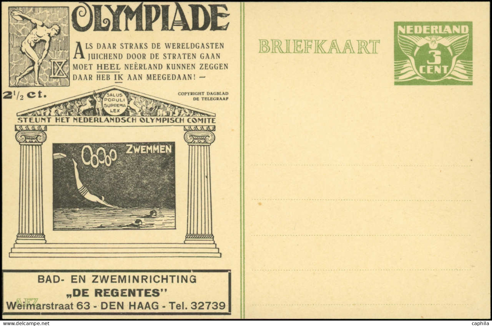 N Jeux Olympiques - Entiers Postaux - Pays-Bas (1928), CP 3c. Olive, Vendu 2.5p: "IX Olympiade", Natation - Autres & Non Classés