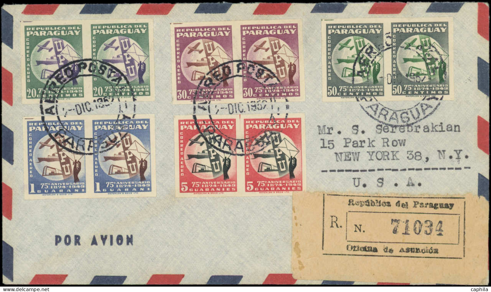 LET U.P.U - Poste - Paraguay, Michel 656/60 U, 5 Paires Non Dentelées Sur Enveloppe Recommandée 3/12/52 (tirage 100 Séri - U.P.U.