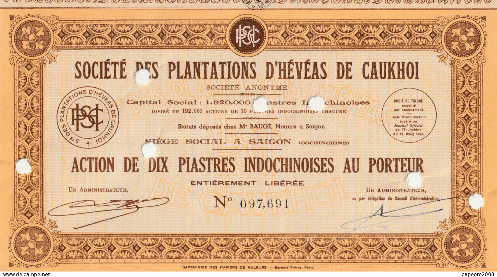 Indochine - Sté Des Plantations D'hévéas De Caukhoi - Action De 10 Piastres Indochinoises / 1948 - Asie