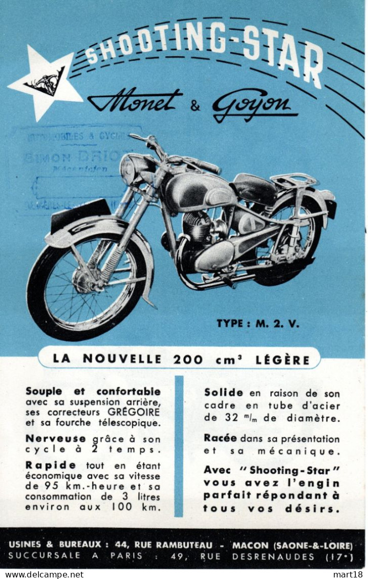 Publicité - Moto - MONET & GOYON - Années 1950 - Macon (71) - - Motos