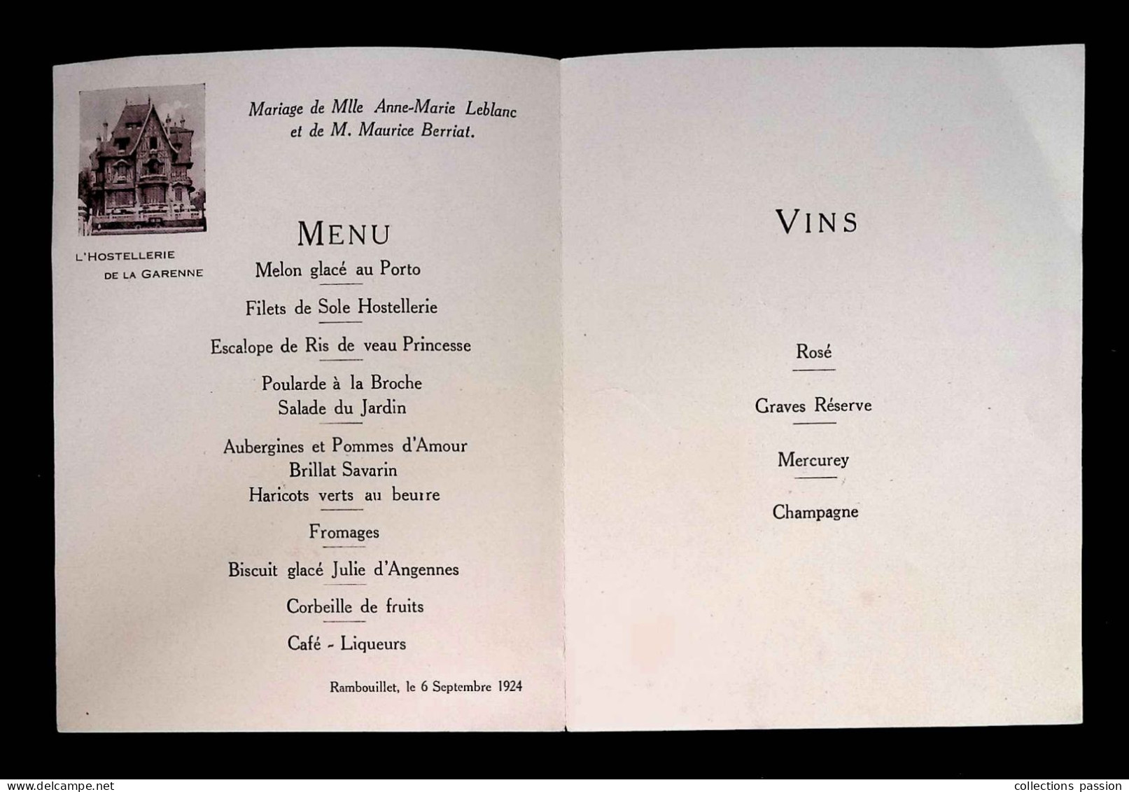 Menu 4 Pages, L'Hostellerie De La Garenne à Rambouillet, 1924, Mariage - Menus