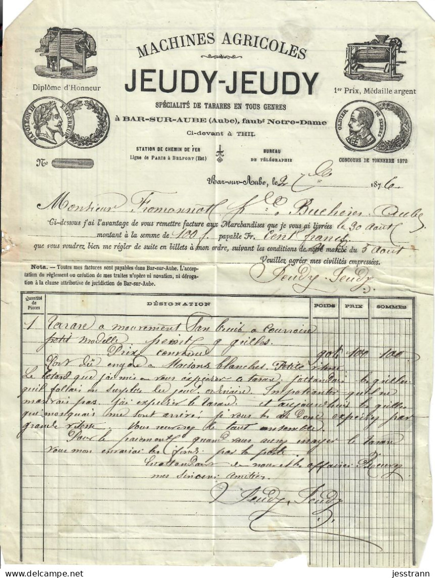 BAR-SUR-AUBE- FACTURE 1876 ETS JEUDY-JEUDY- MACHINES AGRICOLES- AMBULANT BELFORT A PARIS- CAD ISLE-AUMONT 9 - Landwirtschaft