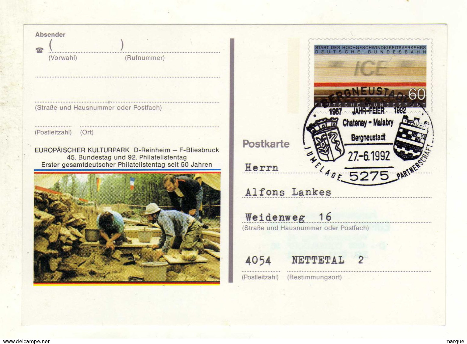 Carte ALLEMAGNE DEUTSCHE BUNDESPOST Oblitération 5275 BERGNEUSTADT 27/06/1992 - Geïllustreerde Postkaarten - Gebruikt