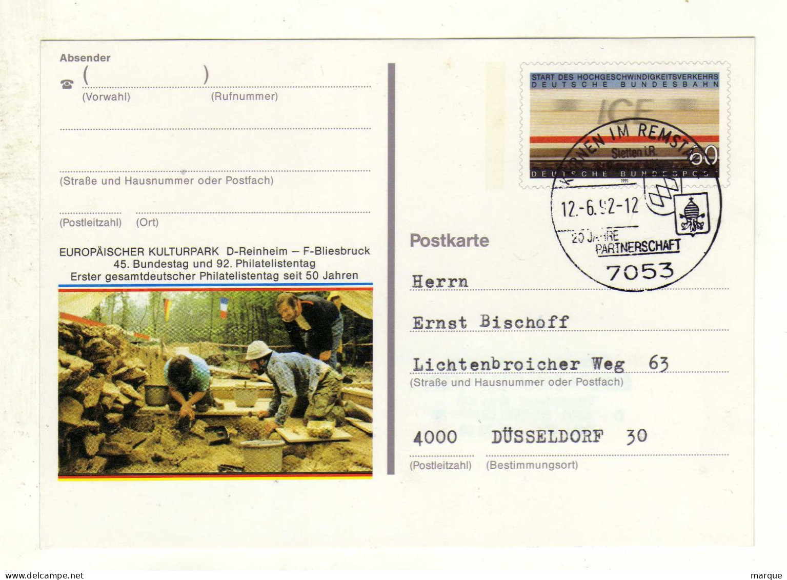 Carte ALLEMAGNE DEUTSCHE BUNDESPOST Oblitération 7053 KAUFEN IM REISTALL 12/06/1992 - Cartes Postales - Oblitérées