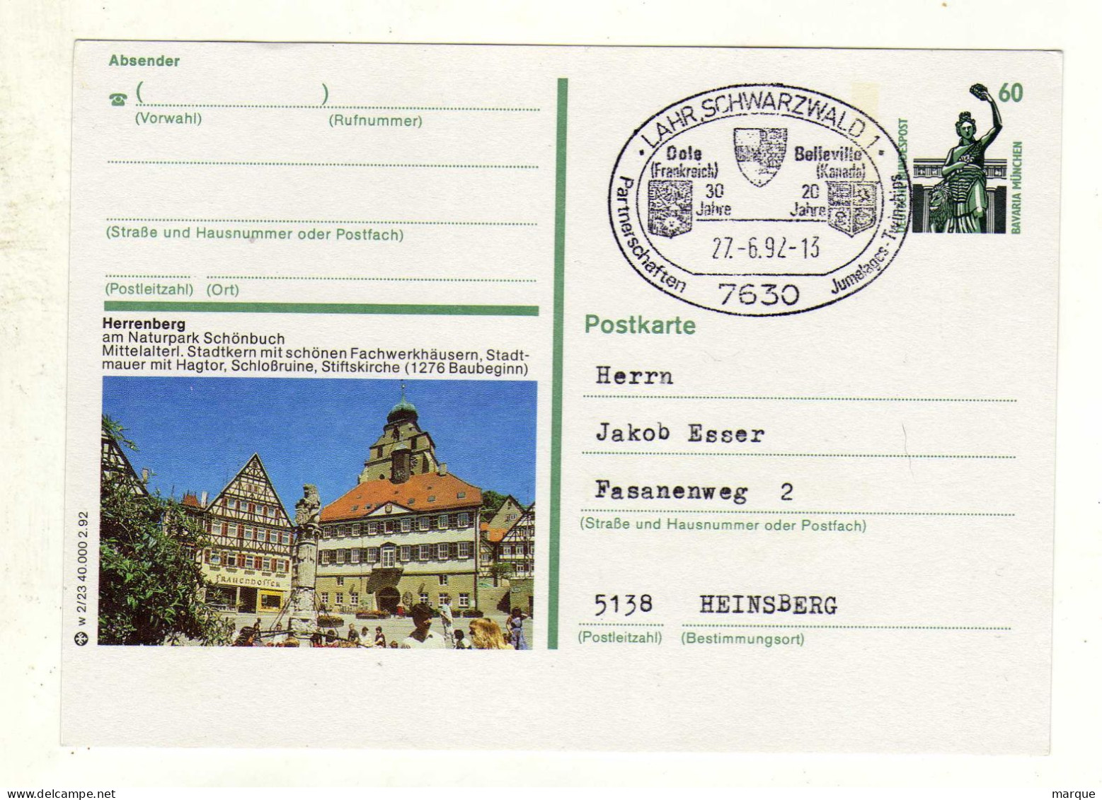 Carte ALLEMAGNE DEUTSCHE BUNDESPOST Oblitération 7630 LAHR SCHWARZWALD 1 27/06/1992 - Geïllustreerde Postkaarten - Gebruikt