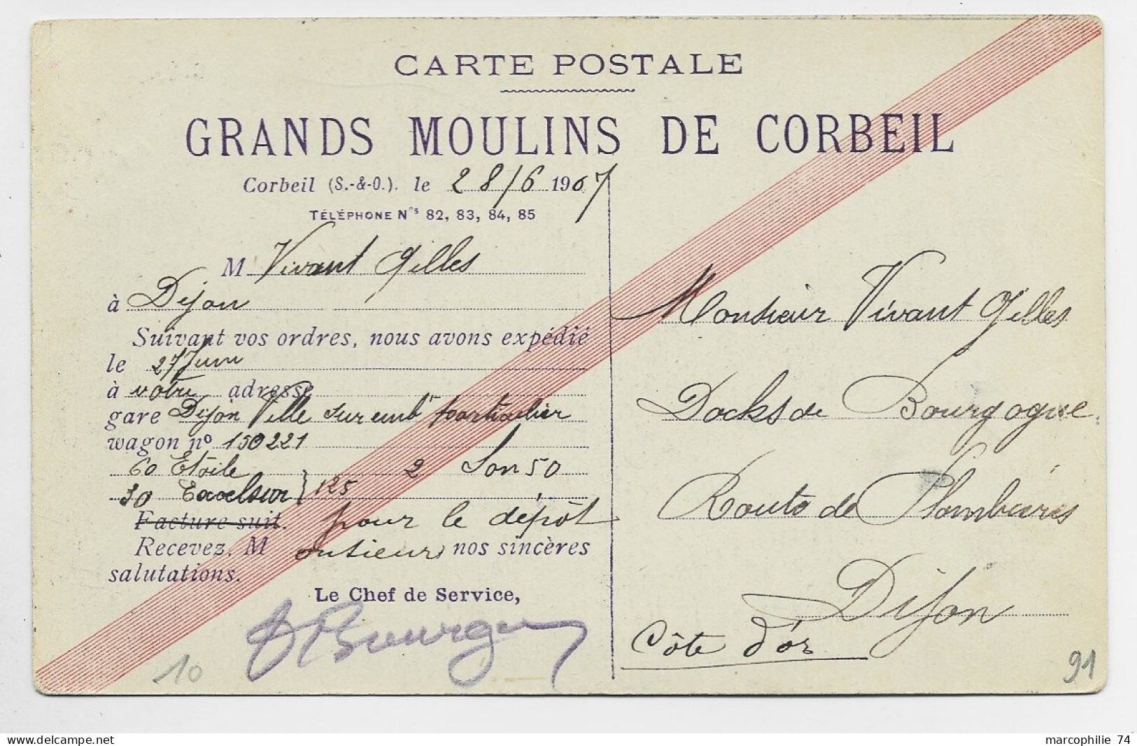 SEMEUSE 10C LIGNEE PERFORE GMC AU RECTO CARTE GRANDS MOULINS DE CORBEIL 1907 SEINE ET OISE - Storia Postale