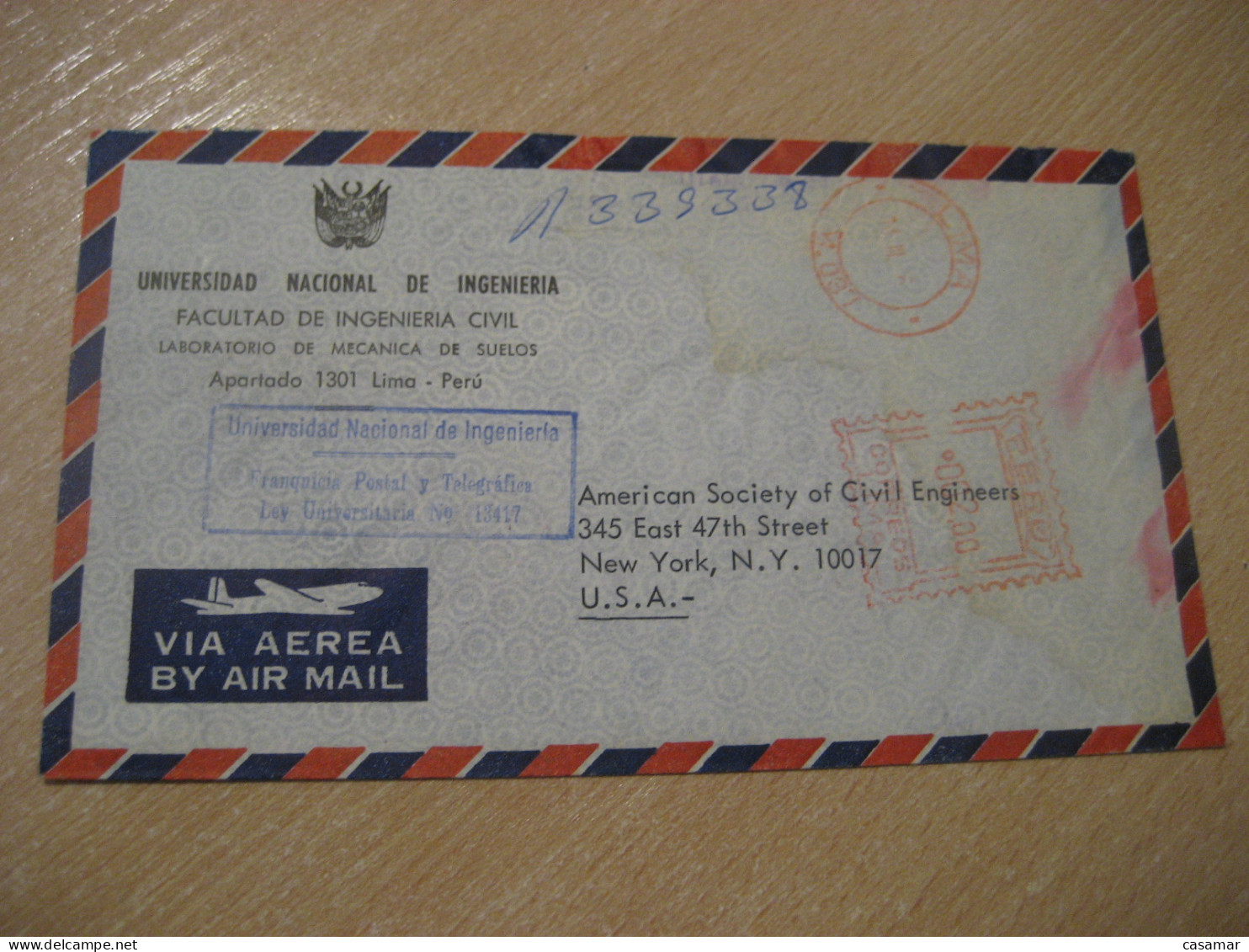 LIMA 1966 To USA Laboratorio De Mecanica De Suelos Geology Meter Mail Cancel Cover PERU Geologie - Other & Unclassified