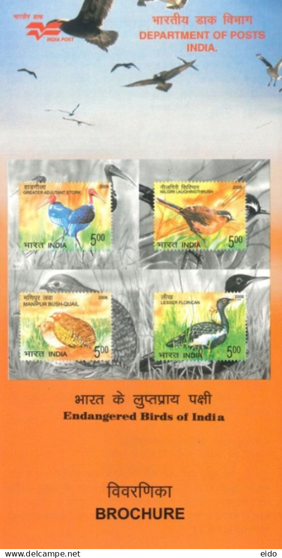 INDIA - 2006 - BROCHURE OF THE ENDANGERED BIRDS OF INDIA STAMPS DESCRIPTION AND TECHNICAL DATA. - Brieven En Documenten