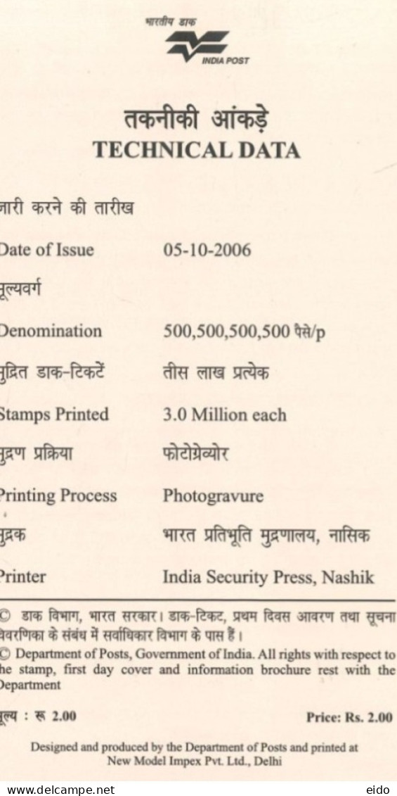 INDIA - 2006 - BROCHURE OF THE ENDANGERED BIRDS OF INDIA STAMPS DESCRIPTION AND TECHNICAL DATA. - Brieven En Documenten