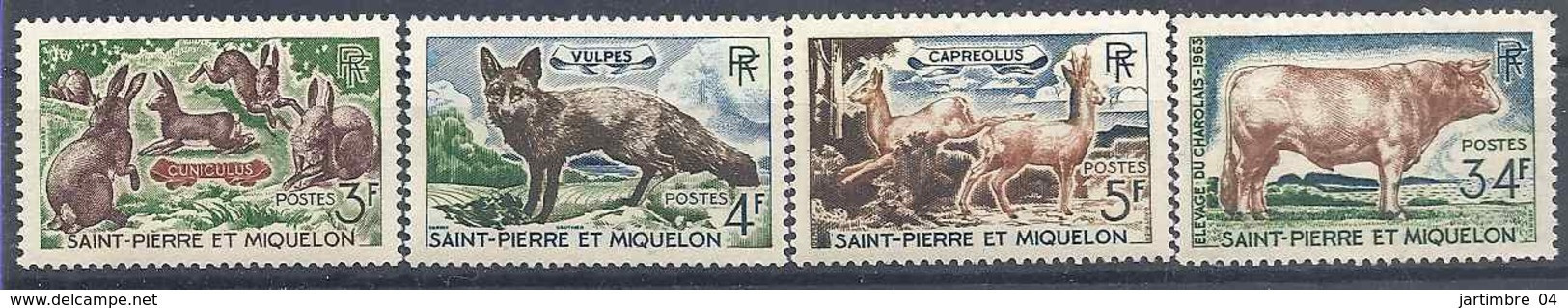 1964 SAINT PIERRE MIQUELON 372-75* Animaux, Lapin, Renard, Chevreuil, Boeuf, Charnière Légère - Nuovi