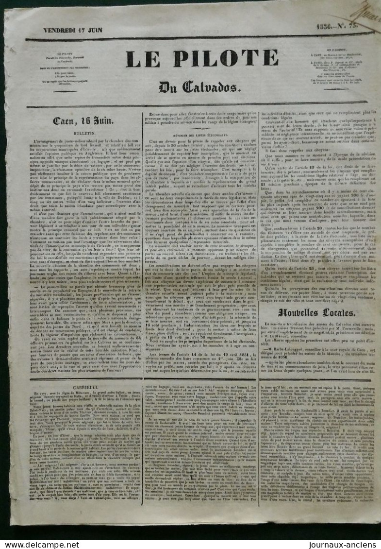 1836 LE PILOTE DU CALVADOS - REVISION DES LISTES ELECTORALES - GARIBALDI - DISSOLUTION DE LA CHAMBRE DES DEPUTES - 1800 - 1849