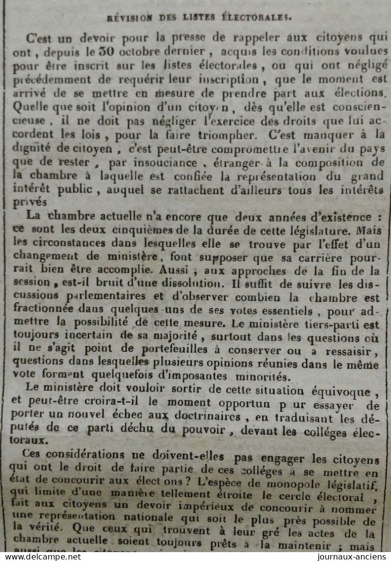 1836 LE PILOTE DU CALVADOS - REVISION DES LISTES ELECTORALES - GARIBALDI - DISSOLUTION DE LA CHAMBRE DES DEPUTES - 1800 - 1849