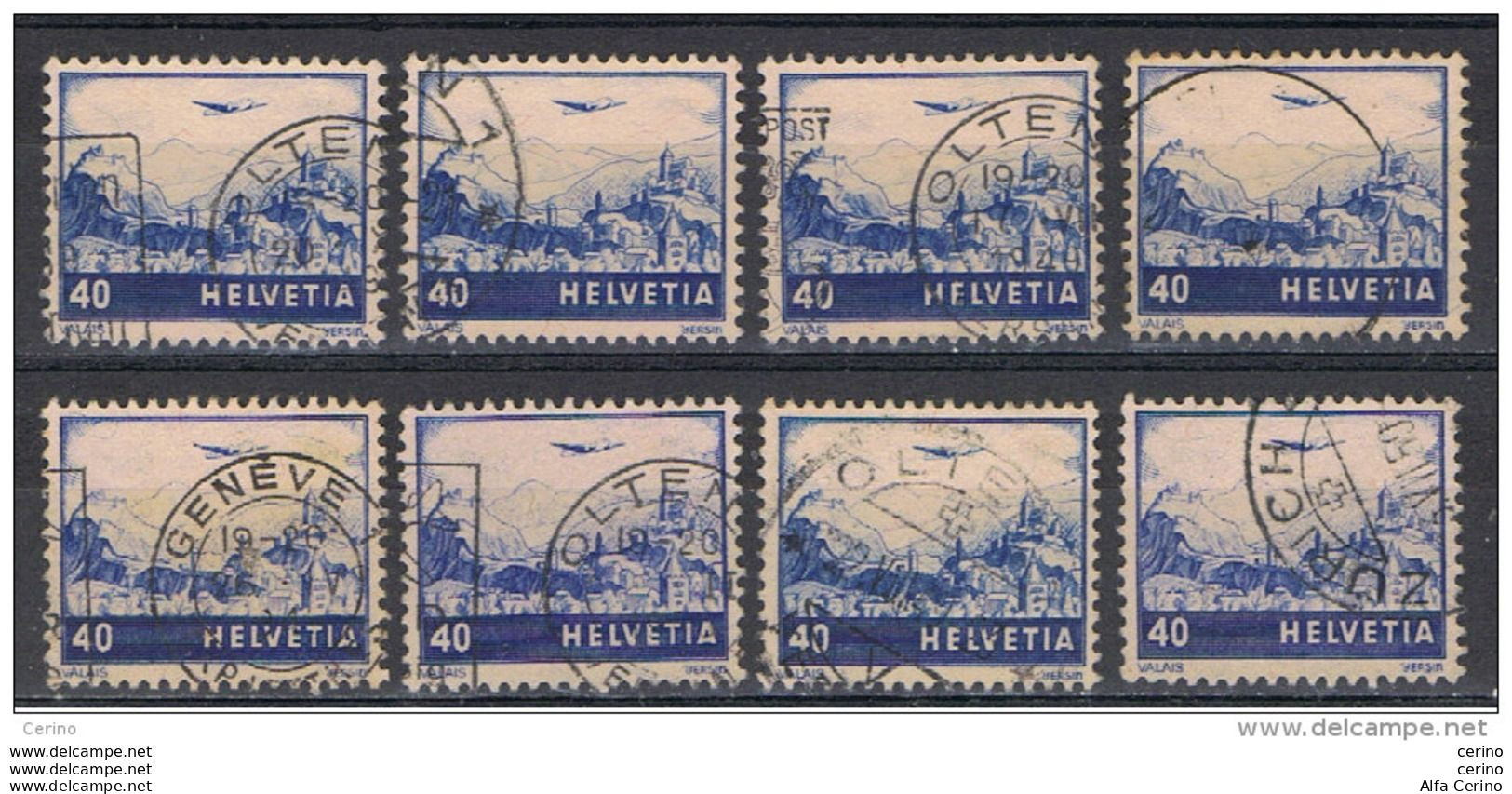 SVIZZERA:  1948  P.A.  AEREO  IN  VOLO  -  40 C. OLTREMARE  US. -  RIPETUTO  8  VOLTE  -  YV/TELL. 43 - Used Stamps